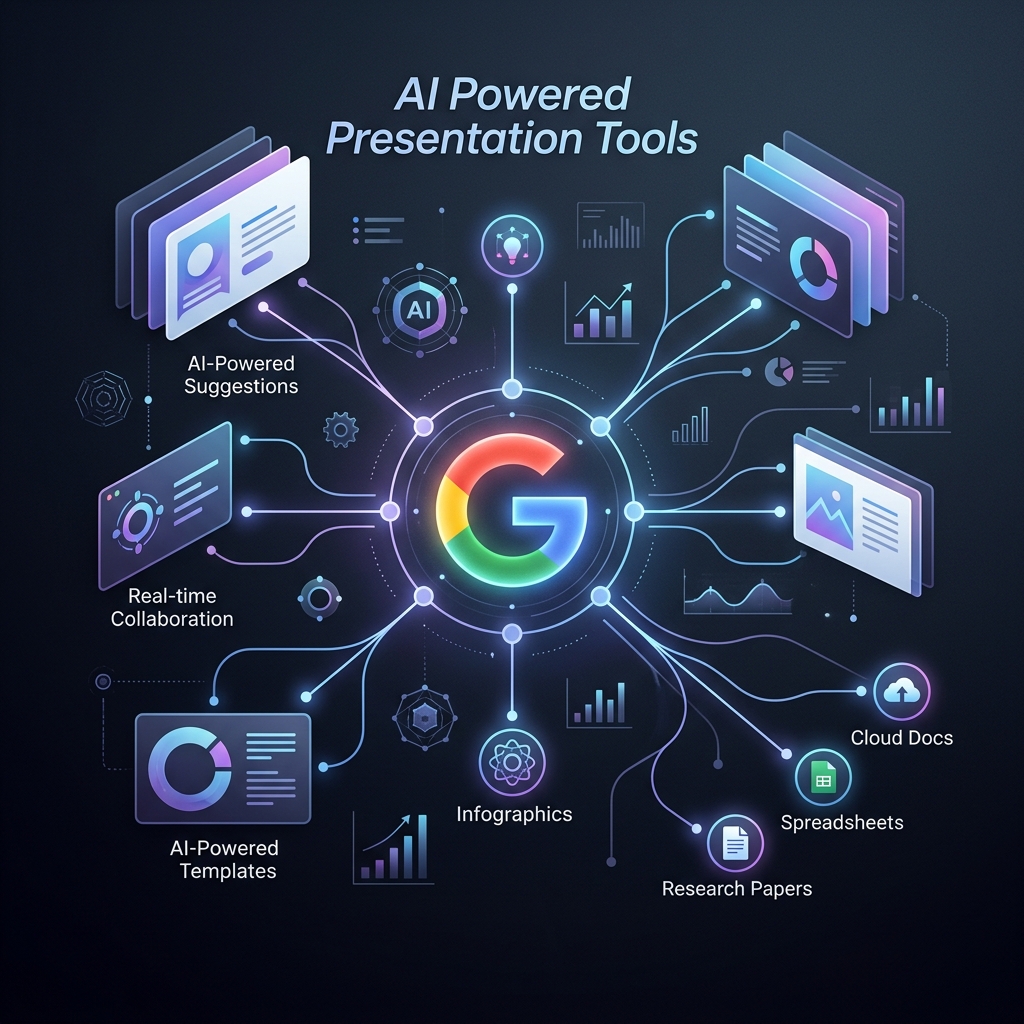 Ilustração técnica minimalista comparando ferramentas de IA para slides com o logotipo do Google conectado a módulos de documentos