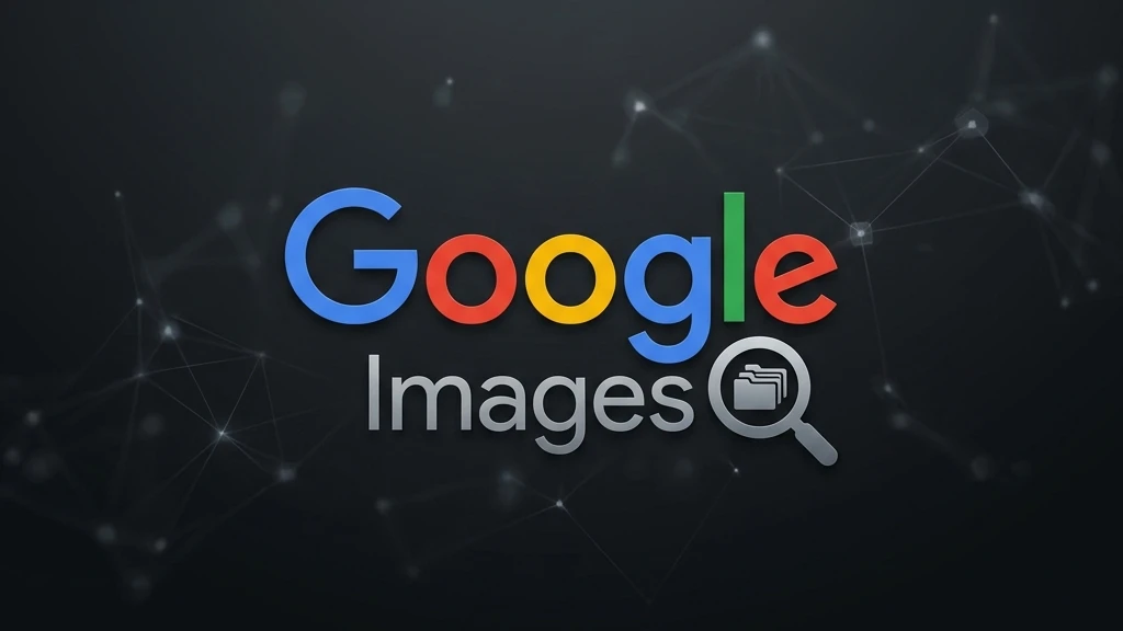 Logo oficial do Google Imagens com ícone sutil de busca e indexação em fundo escuro tech