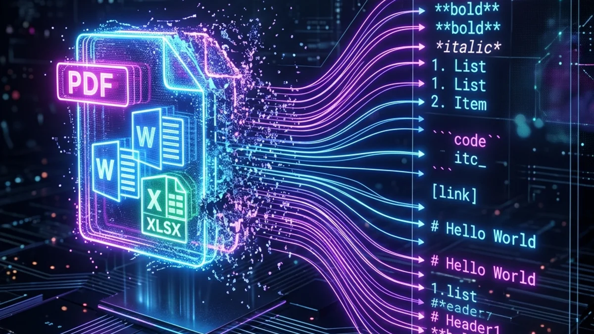 Representação em 3D de documentos se convertendo e fluindo em códigos de texto estruturado