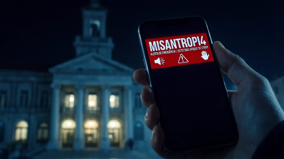 Alerta falso da Defesa Civil com a palavra misantropi4 exibido em tela de celular durante a madrugada do ataque hacker de 20 de junho de 2026