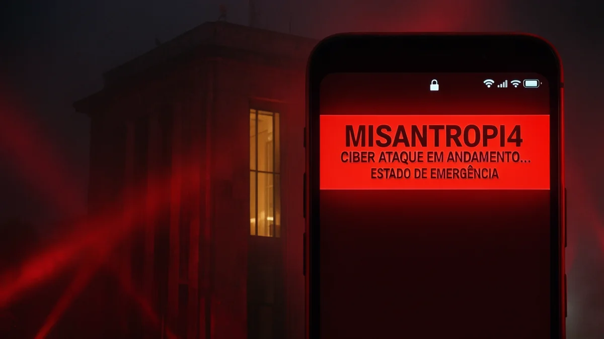 Representação visual do ataque hacker ao sistema de alertas da Defesa Civil Nacional com tema de cibersegurança e invasão digital
