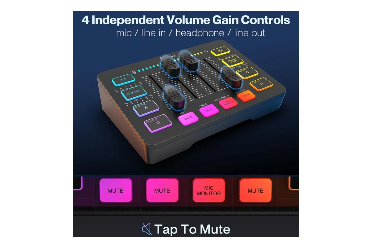 Visão geral do mixer de jogos Fifine AmpliGame SC3 com botões retroiluminados e faders deslizantes