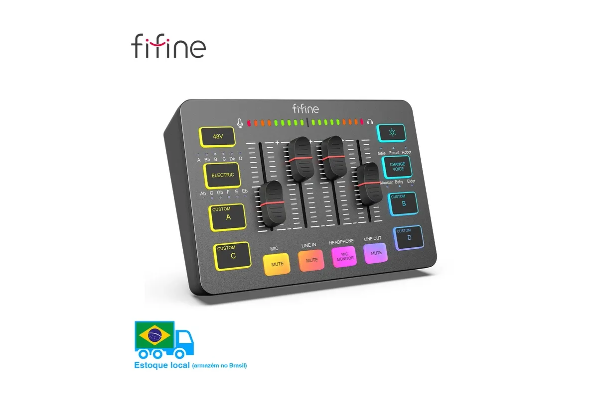 Visão geral do mixer de jogos Fifine SC3 com conexão XLR