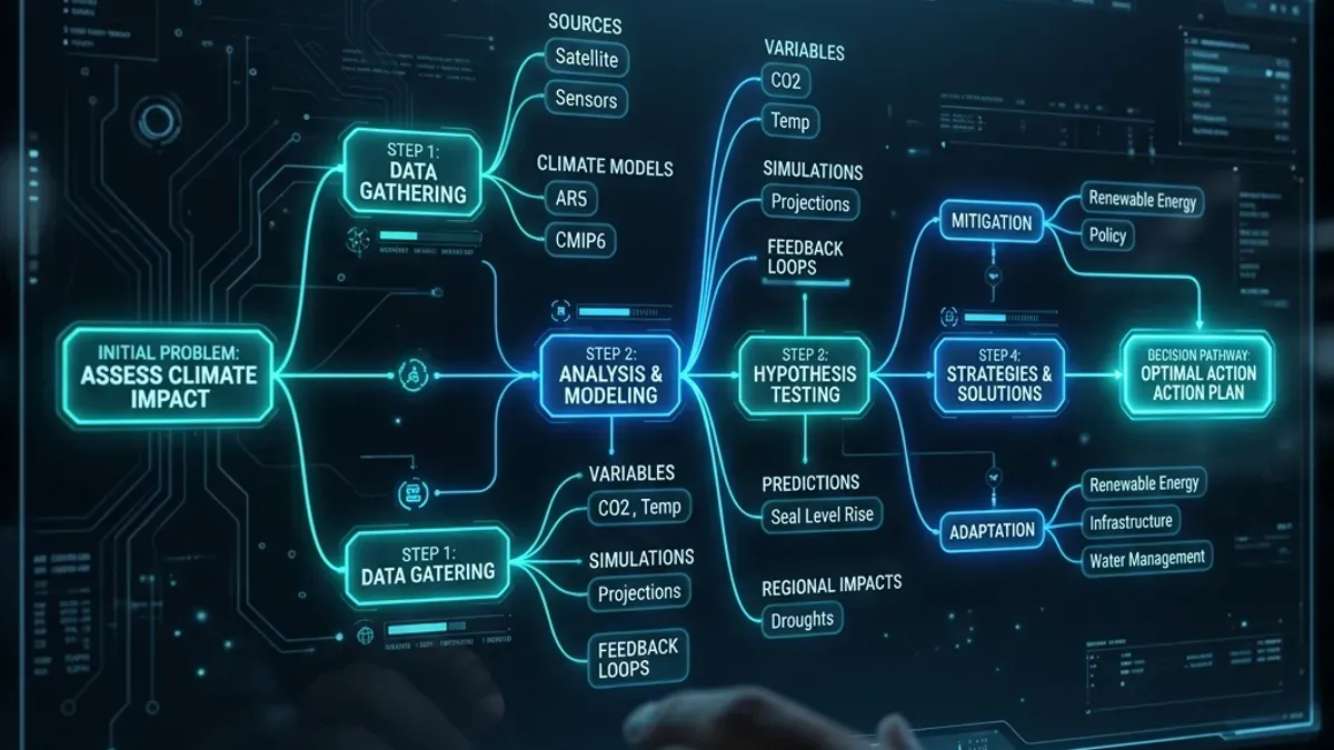 Conexões de árvore de decisão brilhantes ilustrando o processamento lógico passo a passo de uma inteligência artificial antes de responder a um prompt complexo