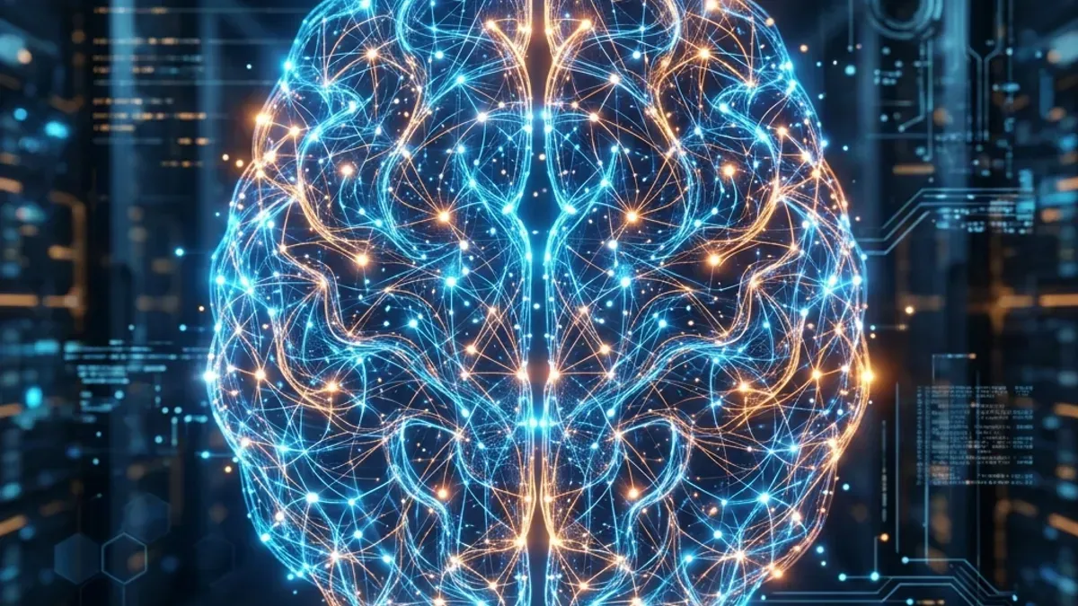 Ilustração de um cérebro digital brilhante feito de conexões de luz azuis e laranjas, representando o conceito de inteligência artificial e aprendizado de máquina