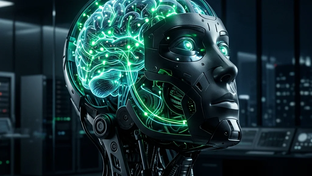 Cabeça de robô ou cérebro eletrônico brilhando em neon verde simbolizando o processo de raciocínio de IA e cadeia lógica de pensamento de modelos como DeepSeek R1 e OpenAI o1