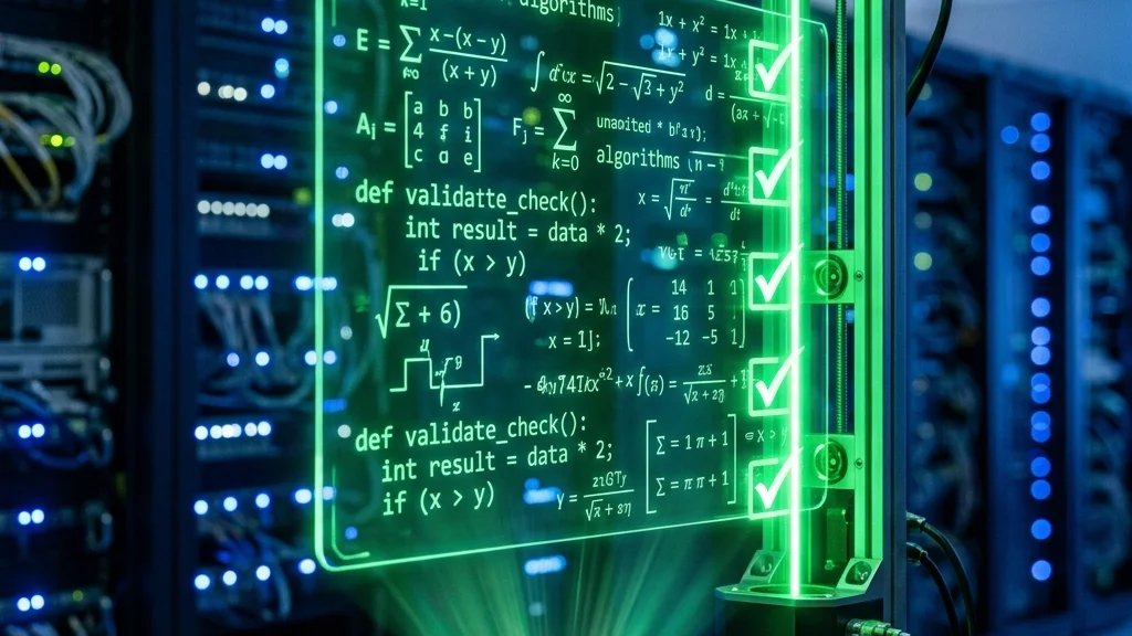 Painel holográfico demonstrando a validação em tempo de execução de códigos e regras matemáticas de IA por meio de compiladores e verificadores determinísticos