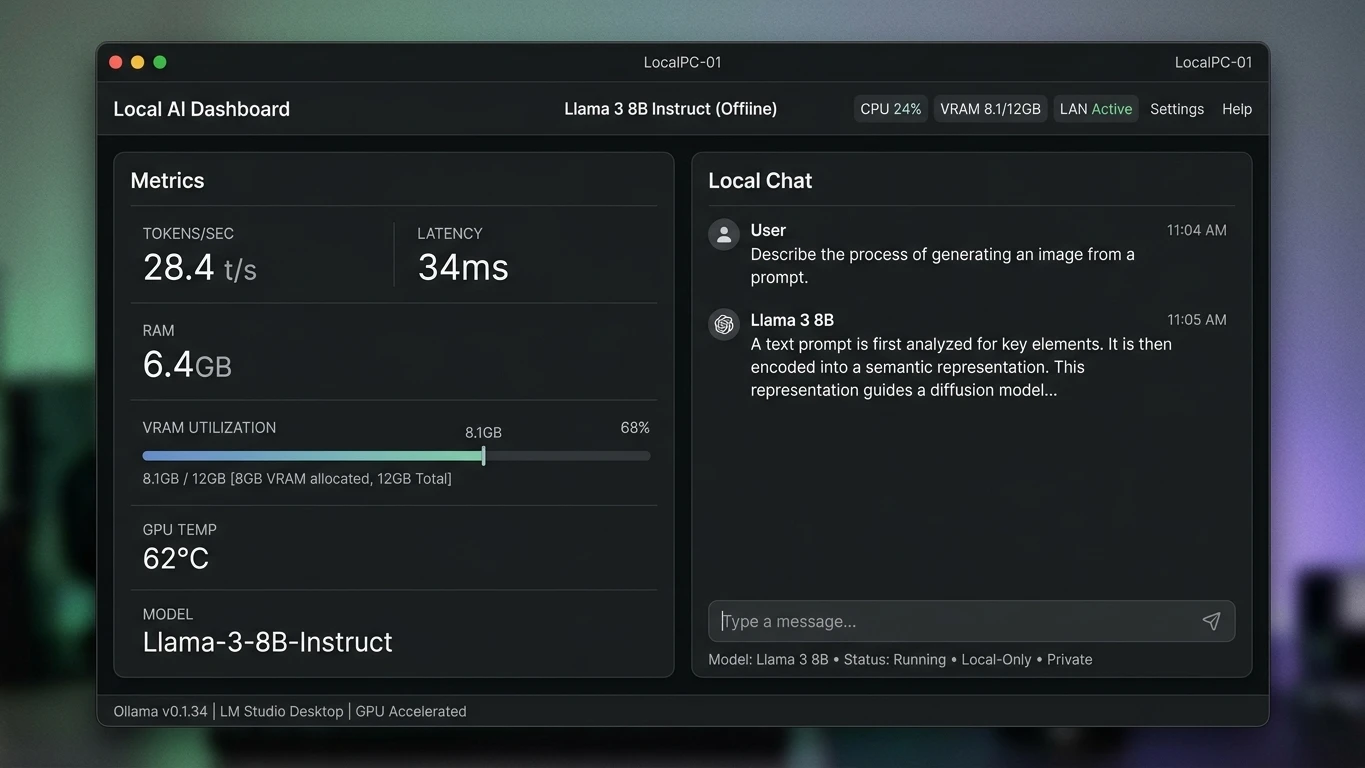 Dashboard do LM Studio e Ollama no Windows exibindo métricas de tokens por segundo, uso de VRAM de 8GB e chat local rodando o modelo Llama 3 8B offline