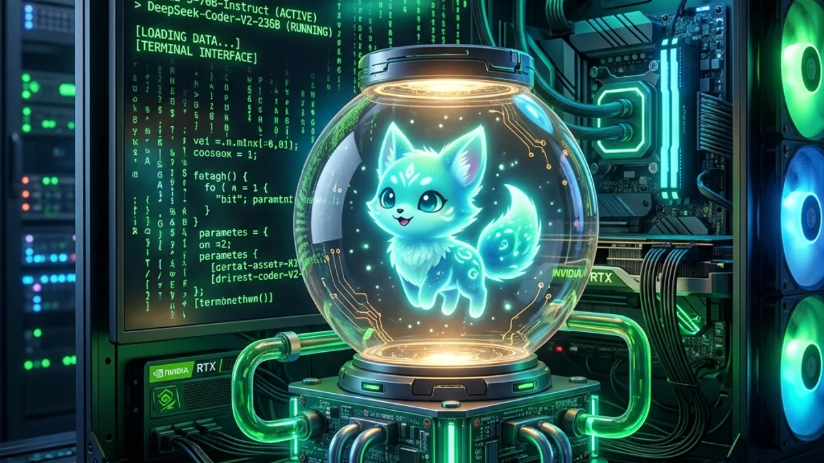 Ilustração conceitual de uma pequena criatura ou robô IA dentro de uma redoma de vidro brilhante executando comandos em um terminal de computador