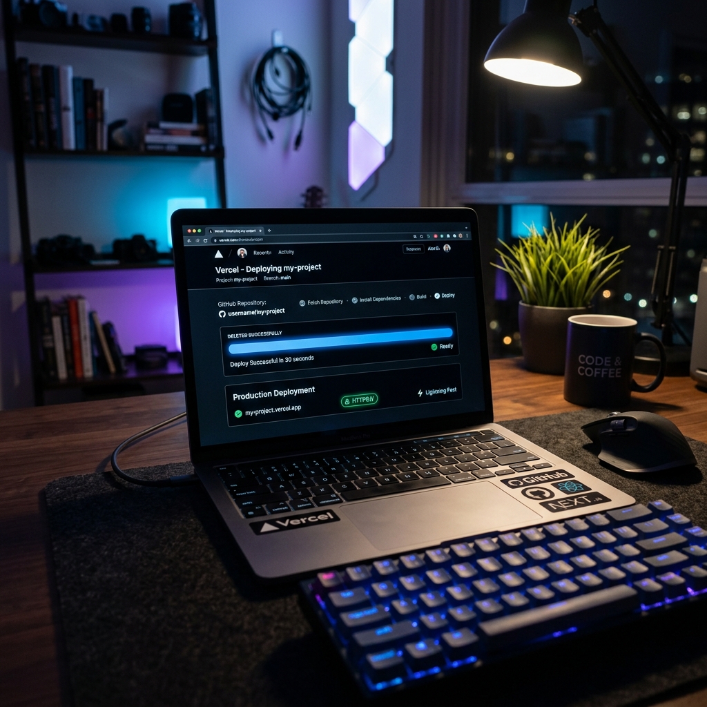 Interface de notebook mostrando o painel de controle da Vercel importando um repositório do GitHub com barra de progresso verde de deploy concluído em 30 segundos
