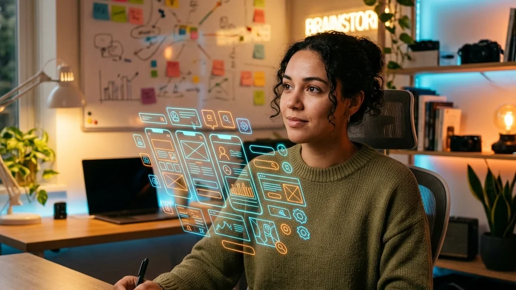Pessoa planejando ideia de aplicativo com wireframes holográficos flutuando no escritório usando vibe coding