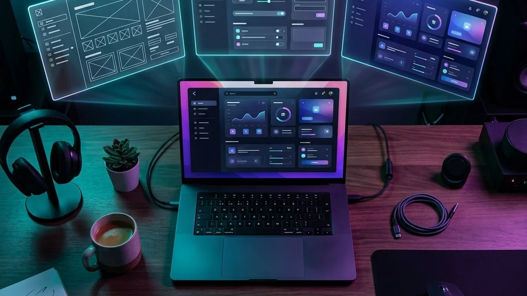 Desenvolvimento em camadas progressivas de um aplicativo com interface sendo construída do esqueleto ao design final