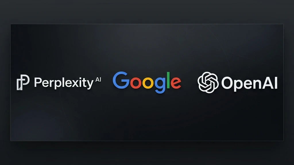 Logotipos oficiais do Perplexity AI, Google e OpenAI lado a lado com iluminação discreta em fundo escuro estilo tech
