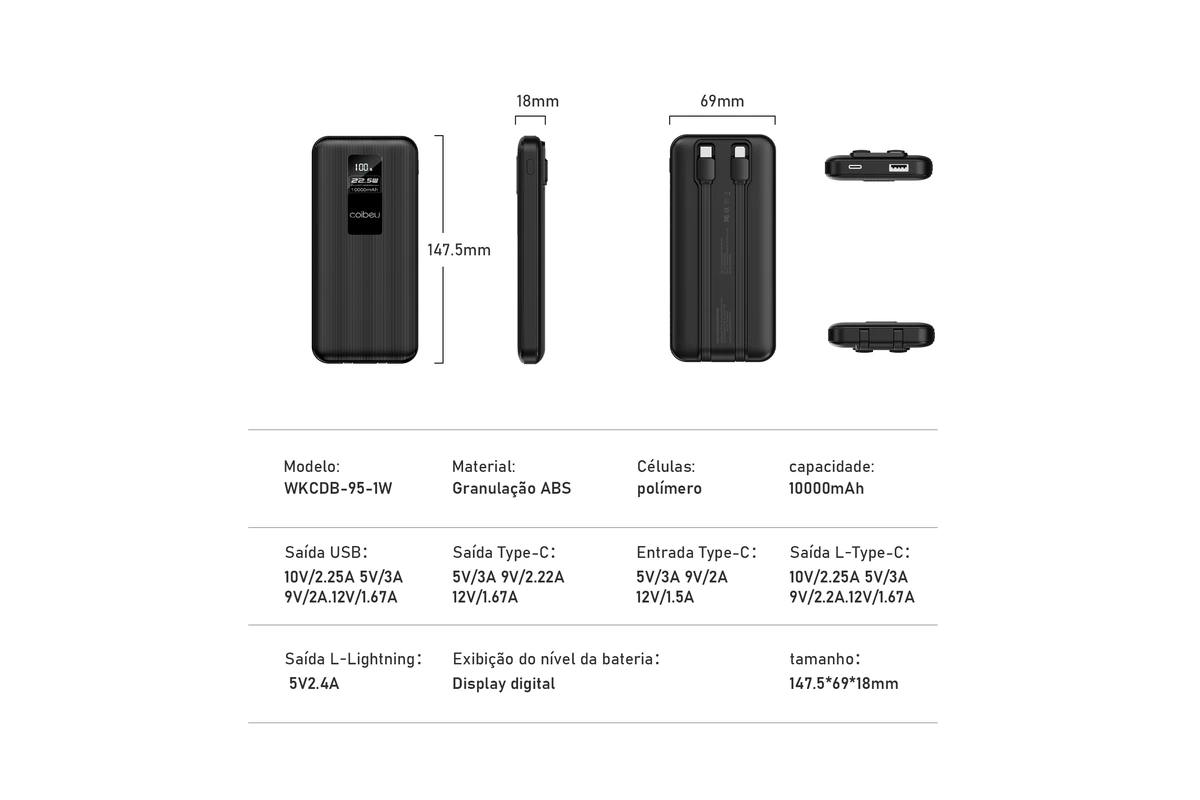 Design ultrafino do power bank 10000mAh PowerBak para transporte no bolso