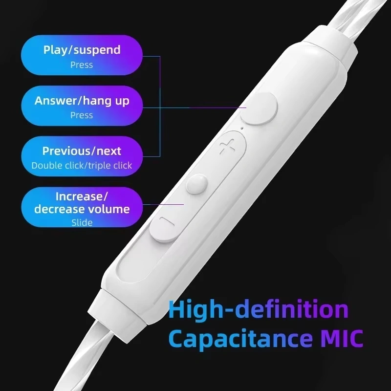 Módulo do cabo do fone QKZ AK6 detalhando o microfone de alta definição, botão de controle de chamadas e controle deslizante de volume