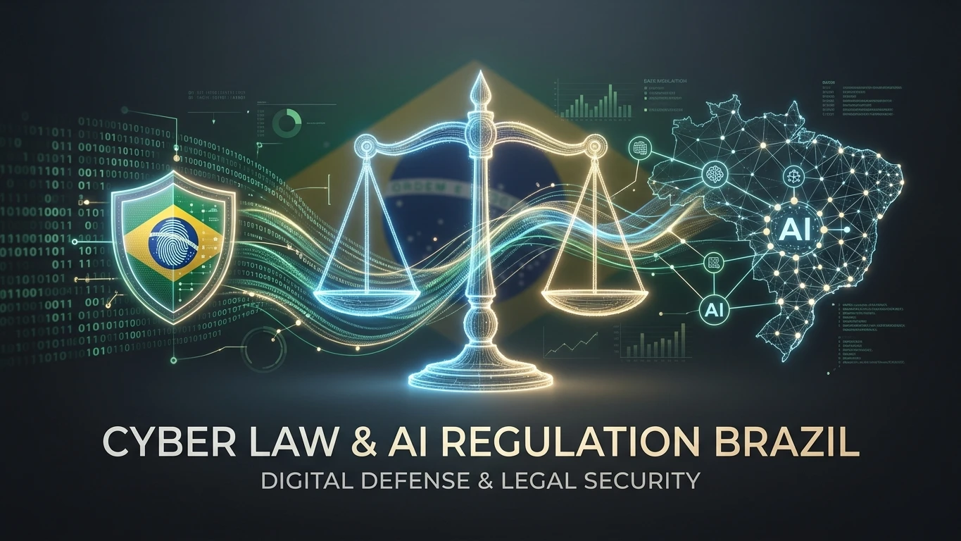 Representação conceitual da balança da justiça e cibersegurança no Brasil com código digital e proteção da legislação sobre inteligência artificial