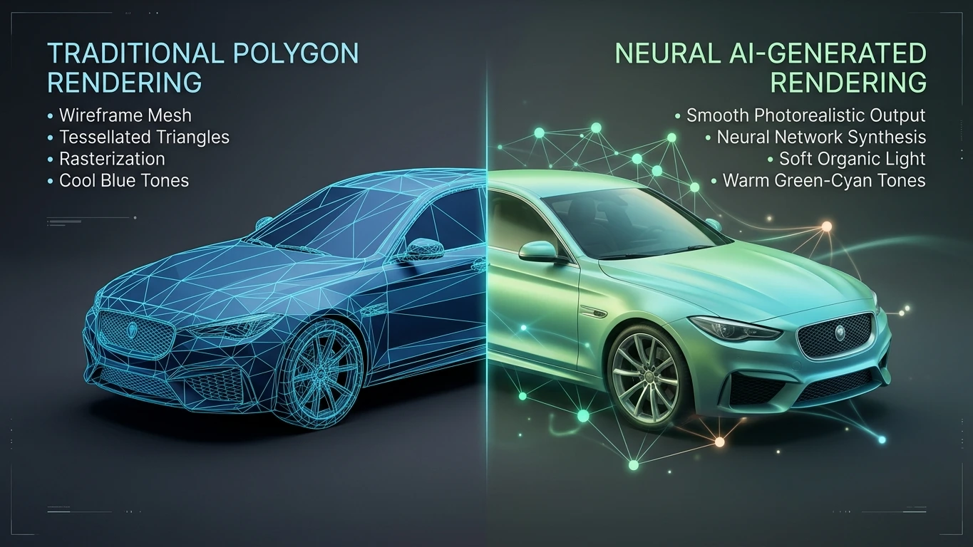 Comparação visual entre o pipeline de renderização tradicional com wireframes e polígonos em tons azuis e a renderização neural com saída fotorrealista e nós de rede neural em tons verdes