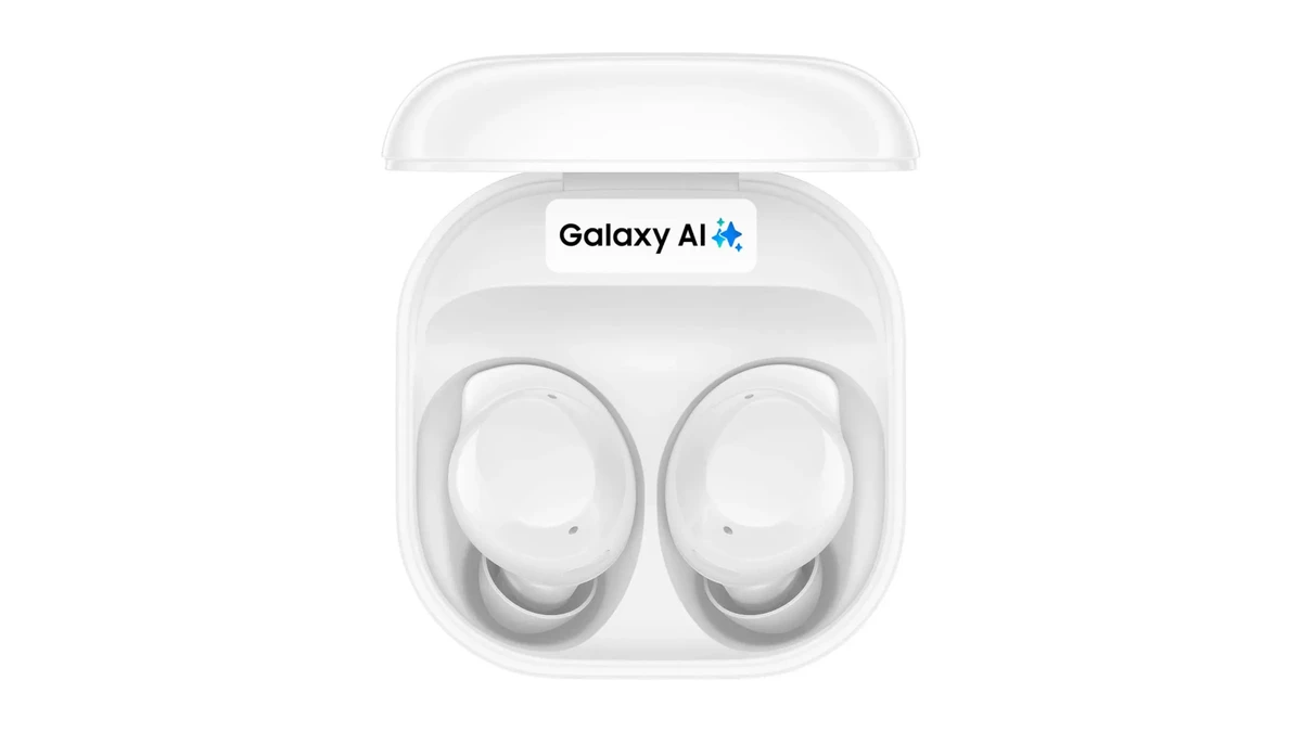 Estojo de carregamento do Samsung Galaxy Buds Core branco com tampa aberta destacando o selo Galaxy AI