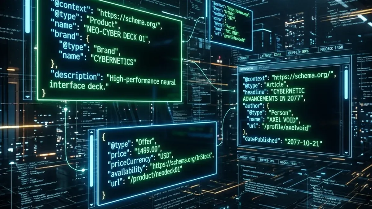 Blocos de código JSON-LD representando dados estruturados flutuando em ambiente digital
