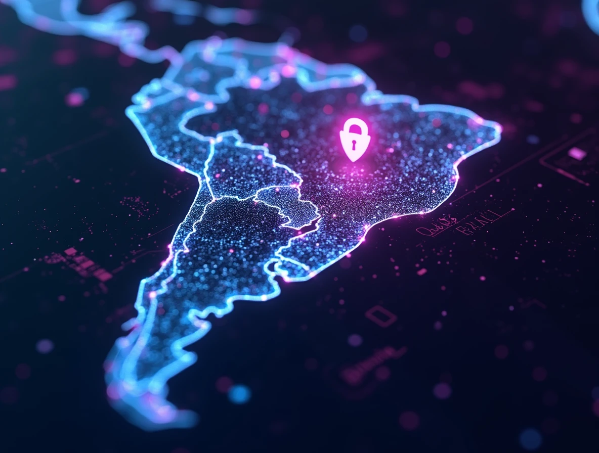Representação artística de segurança corporativa com malhas digitais de dados protegendo redes e fluxos de informação