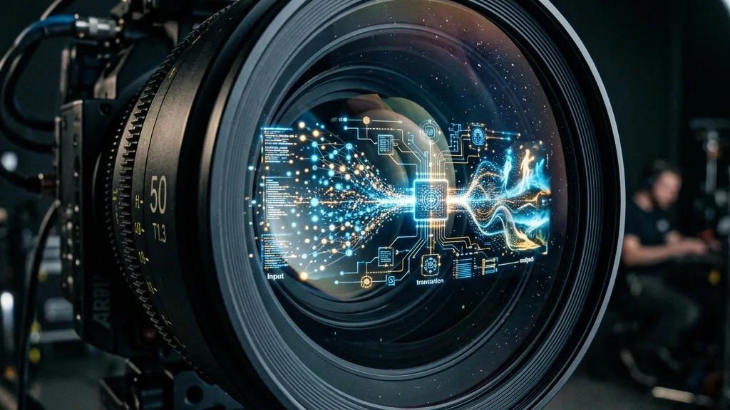 Close-up da lente de uma câmera refletindo feixes de dados luminosos e partículas digitais simulando o processamento de texto para vídeo