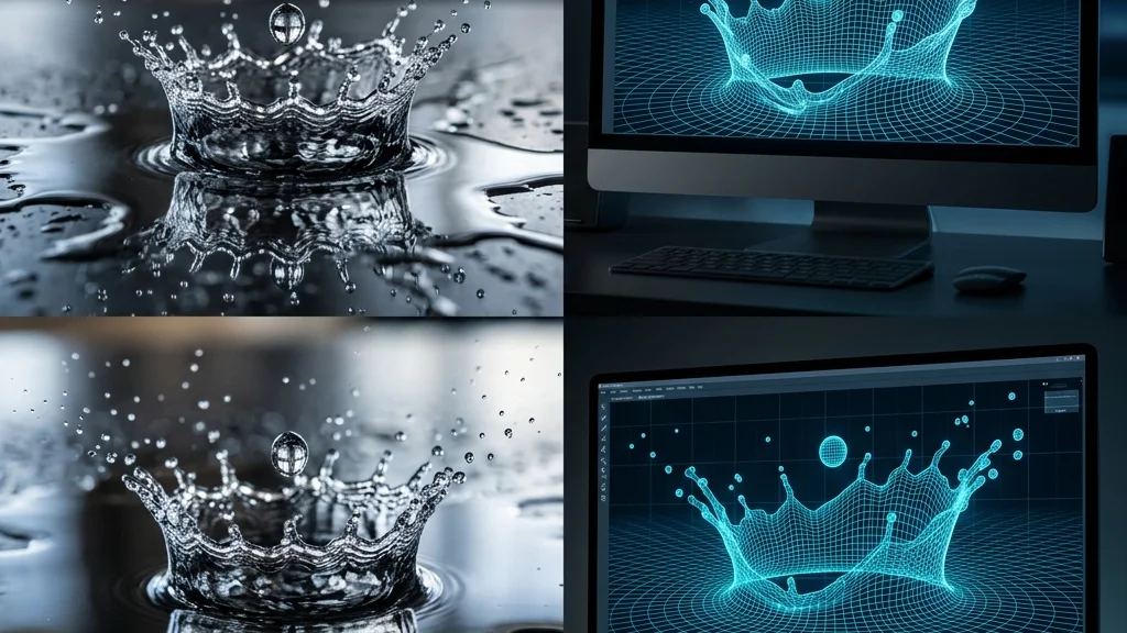 Cena dividida exibindo um respingo de água real com reflexos detalhados e sua malha tridimensional correspondente sendo renderizada em um software