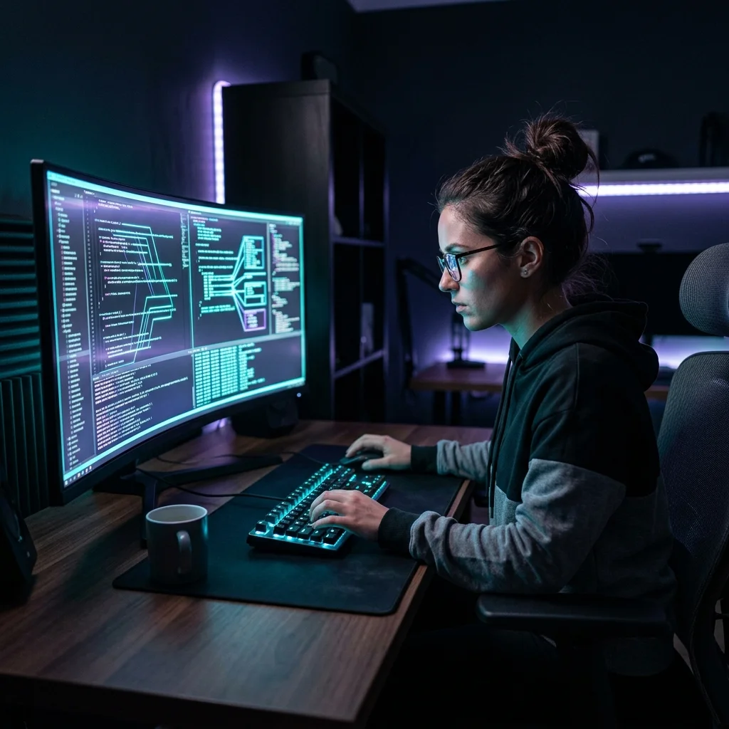 Ambiente de foco profundo com iluminação neon cyberpunk demonstrando concentração máxima nos estudos e trabalho