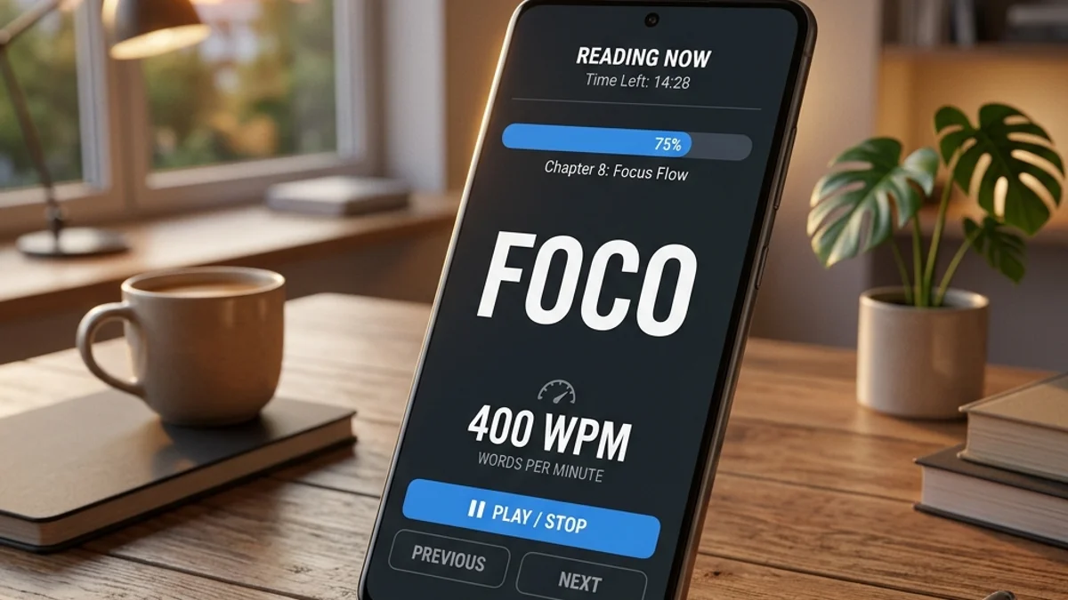 Visualização do aplicativo Speed Read Forge rodando em um smartphone moderno com foco no marcador RSVP