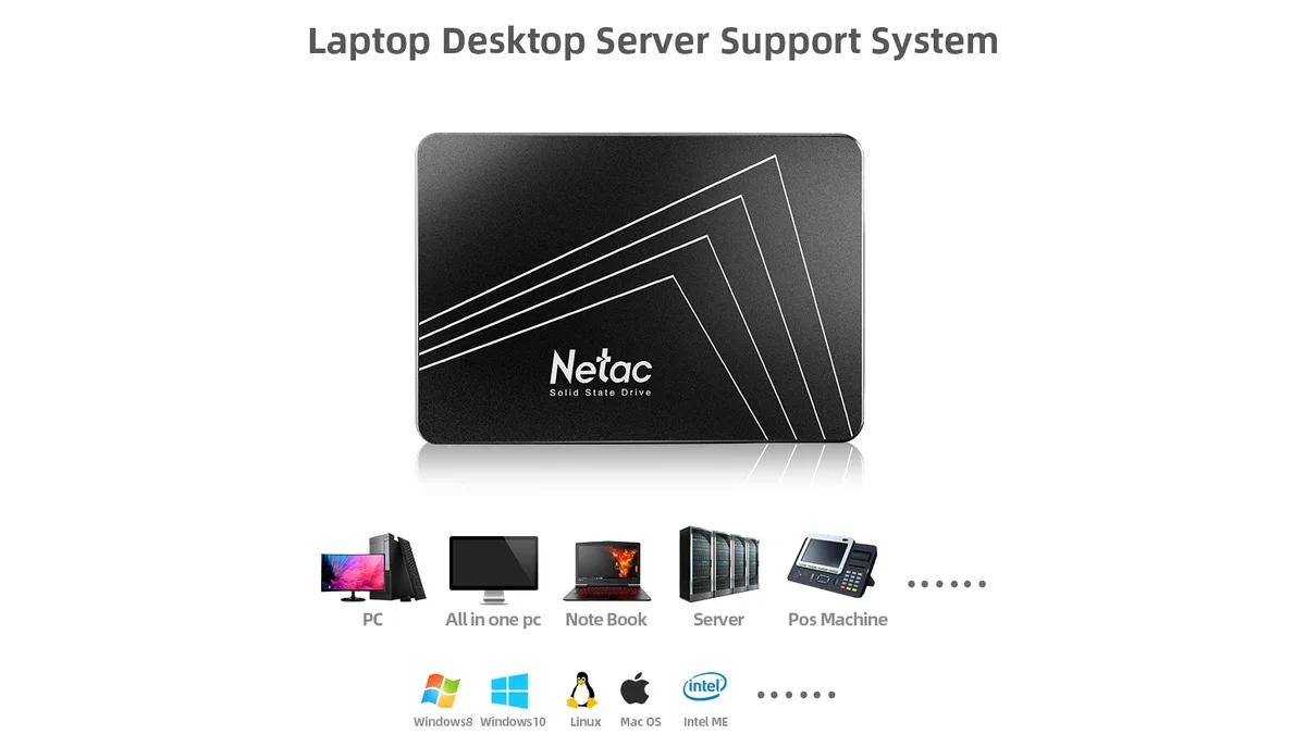 Parte traseira do SSD Netac detalhando as informações técnicas e conexões SATA
