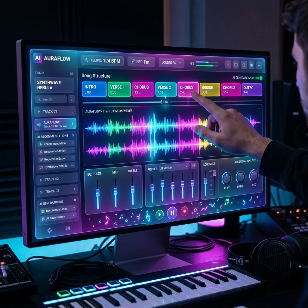 Ilustração representando a interface de um gerador de música com IA e ondas sonoras digitais