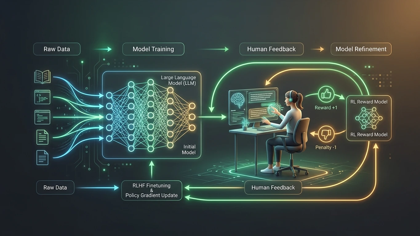 Infográfico conceitual do pipeline de treinamento de IA com pré-treinamento, fine-tuning e alinhamento humano por reforço RLHF com ciclos de recompensa