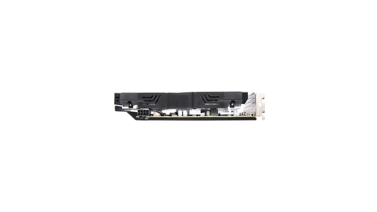 Perfil lateral da Veineda RX 5500 XT destacando o conector de energia de 8 pinos e a estrutura de dissipação