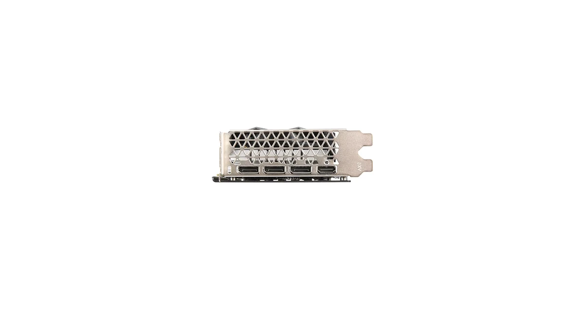 Espelho traseiro da placa exibindo três saídas DisplayPort e uma saída HDMI para múltiplos monitores
