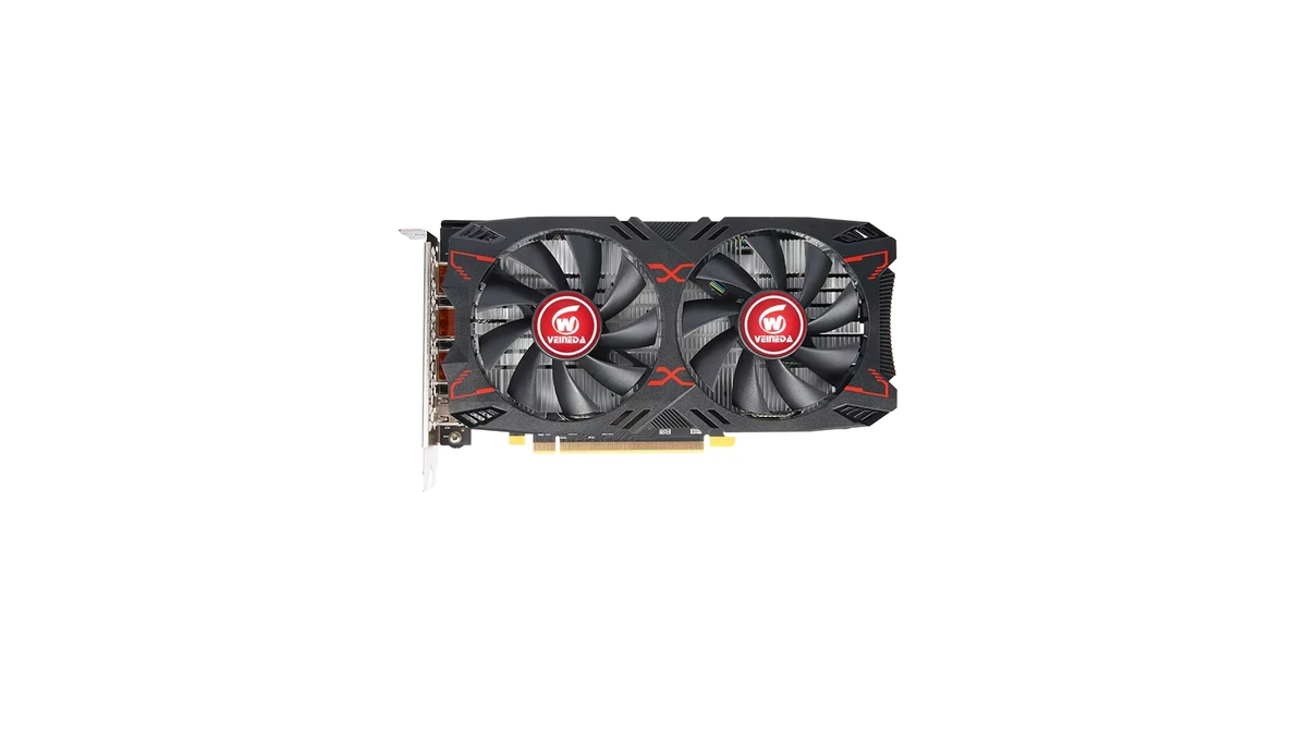 Visão frontal da placa de vídeo Veineda RX 5500 XT 8GB exibindo os dois fans de refrigeração e detalhes em vermelho