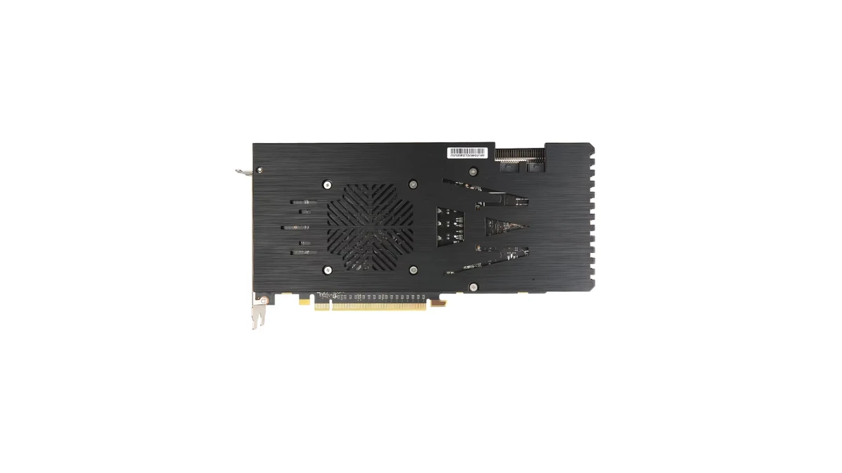 Visão traseira da Veineda RX 5700 XT com backplate de metal escovado para reforço estrutural e dissipação passiva