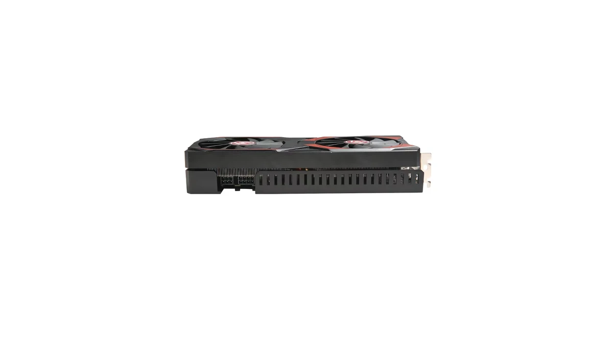 Perfil lateral da Veineda RX 5700 XT mostrando os conectores de energia suplementar de 8 pinos e 6 pinos