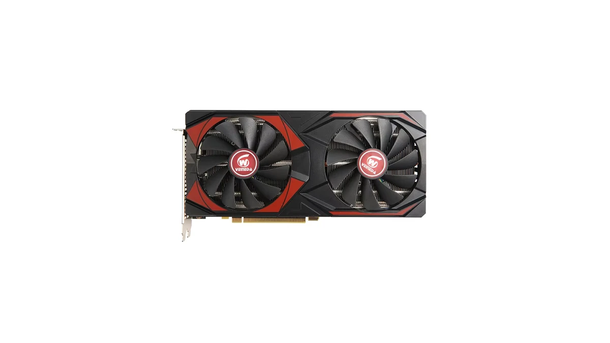 Visão frontal da placa de vídeo Veineda RX 5700 XT 8GB destacando o sistema de ventoinhas duplas e detalhes esportivos em vermelho