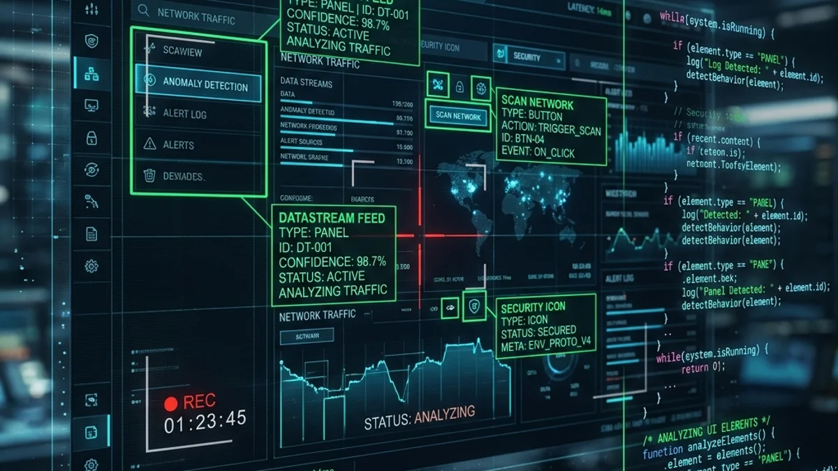 Interface tecnológica futurista escaneando e analisando elementos de layout visual de um site