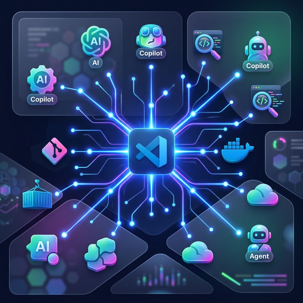 Ilustração conceitual do ecossistema do VSCode conectado por nós brilhantes a extensões de IA, Git, Docker e ferramentas de inteligência artificial