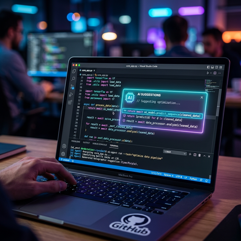 Tela do Visual Studio Code em modo escuro com assistente de inteligência artificial ativo sugerindo autocompletar de código em tempo real
