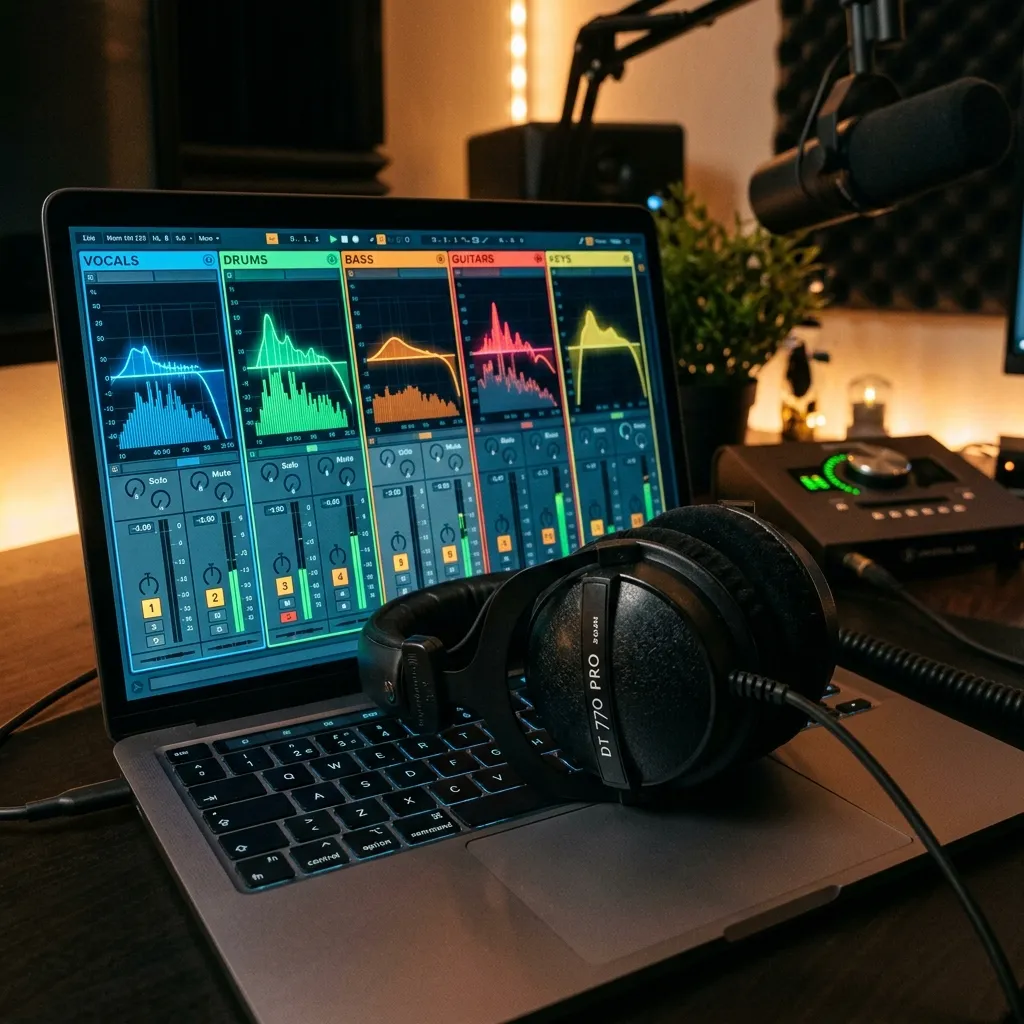 Fone de ouvido profissional sobre notebook mostrando software de edição e mixagem de áudio digital