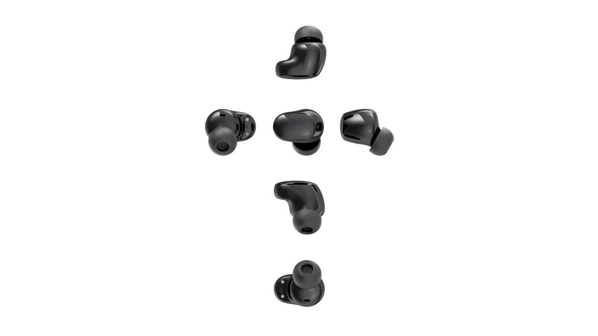 Diferentes ângulos dos fones Xiaomi Redmi Buds 6 Play mostrando o bocal ergonômico e ponteiras de silicone