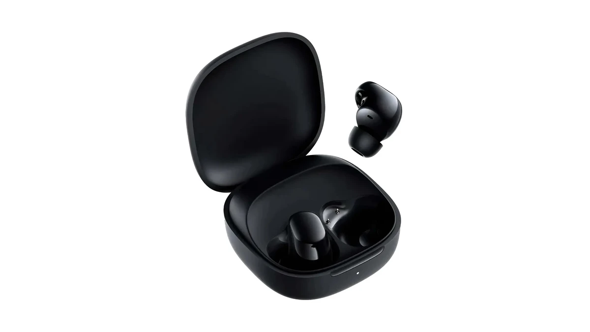 Estojo de carregamento aberto do Xiaomi Redmi Buds 6 Play destacando os fones e encaixe magnético